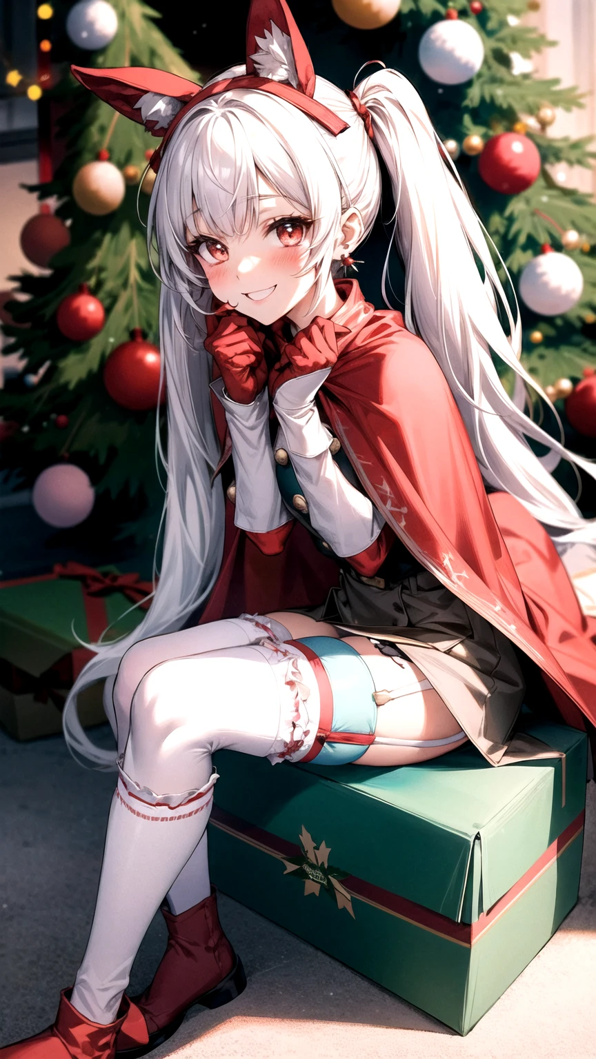 outfit-Christmas detective, Red Cape, One girl, Animal ears,White Hair, alone, tail,twintails,Spread the word_foot, Christmas tree, gift,blue legwear,Christmas, blush, fake Animal ears, gift box, Earrings, smile, Sitting, box, Bangs Knee-high socks、garter belt、Long gloves