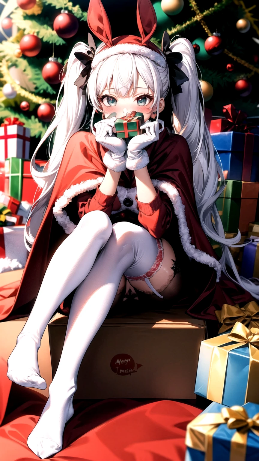 outfit-Christmas detective, Red Cape, One girl, Animal ears,White Hair, alone, tail,twintails,Spread the word_foot, Christmas tree, gift,blue legwear,Christmas, blush, fake Animal ears, gift box, Earrings, smile, Sitting, box, Bangs Knee-high socks、garter belt、Long gloves