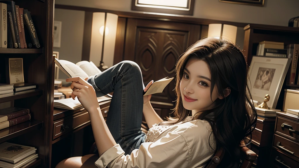 Best Picture Quality, Cinematic Texture Shot, Exquisite Face, Beautiful Face, 20 year old Female, Smiling,
, Indoor Scene, Office, Sitting, Reading