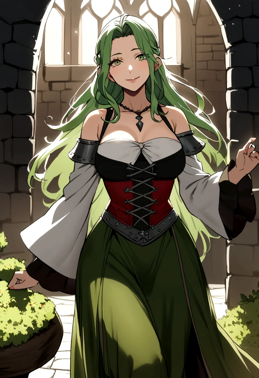 36 year old woman, even with some wrinkles its beauty is remarkable, with her beautiful moss green hair with several gray streaks due to age, medieval times, wearing long clothes, necromancer