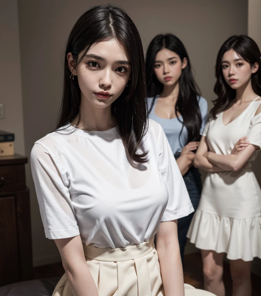 absurdres, RAW photo, extremely delicate and beautiful, masterpiece, Best Quality, ultra high resolution, 32k, hyperrealistic, ultra-detailed, Very detailed CG 8k wallpaper, Beautiful Lighting, Perfect Lightning, Realistic Shadows, perfect anatomy, super Detailed skin, Japanese woman, late 20s, very Slim body, narrow waist, very small head, handsome detailed woman, very detailed eyes and face, realistic face proportions, Stunning detailed eyes, Realistic beautiful face, very small face, Realistic small beautiful eyes, tearful mole, earring, beautiful and very thin legs, beautiful and very thin thighs, (very huge round breasts:1.2), medium hair, black hair, full body shot, (3 girls:1.5), (white shirt:1.2), brown skirt,