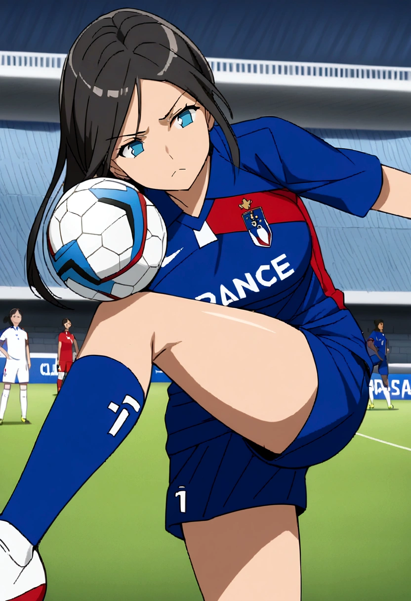 ((anime)),((2D)),Women,soccer player,clear skin,thin face ,blue eyes,black hair,wide,fringe,standard height,collected in a queue,big breasts,small waist,long legs,France national team uniform,In a soccer field,kicking the ball.