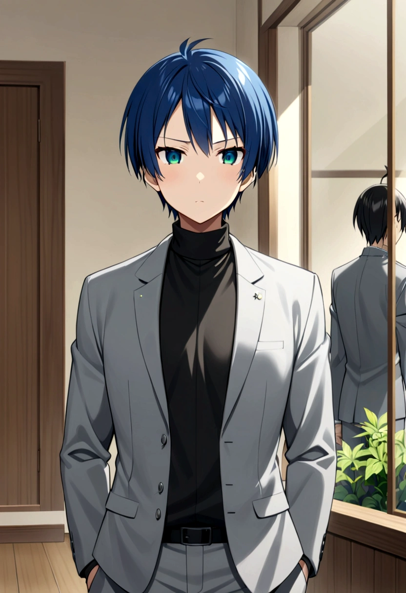 breast enhancement、Grey jacket、suit、Anime character with black turtleneck, blue hair, black shirt and grey jacket, Live2D Virtual Youtuber Model, ikuto yamashita, masamune shiro, tsukasa dokite, Kousuke Oono, Inspired by Manabu Mabe, okata kazuto, Inspired by Hisui Sugiura, tsukasa hojo, fubuki