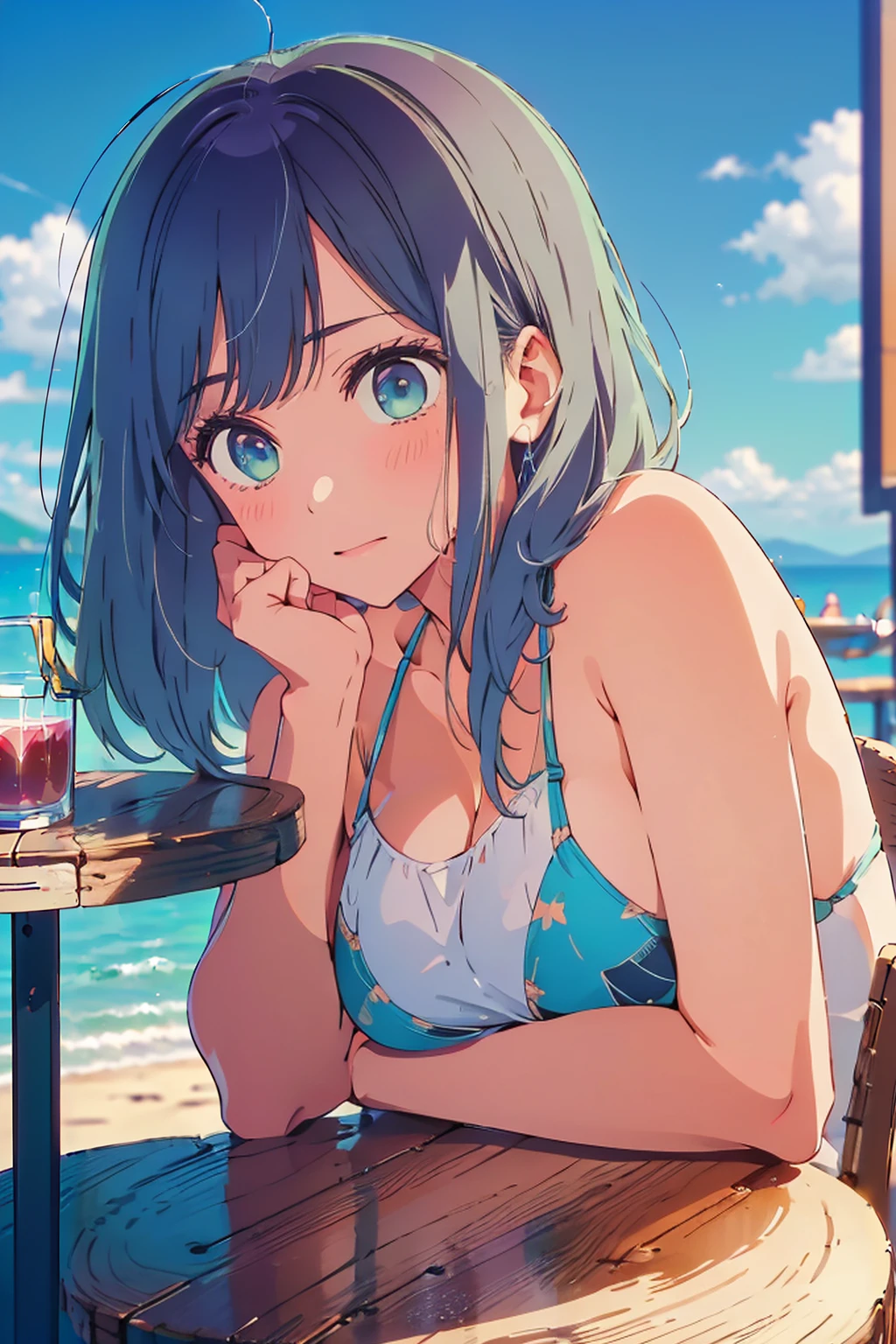 (Highest quality:1.4、masterpiece:1.4、Super detailed:1.4、8K:1.4)、F cup bust、Big Breasts、Slim body、((((1 person、Surprised expression、sit、Chair、In the background are the urban buildings of Tokyo、looking at the camera、Outdoor café terrace、coastal、Navy hair color、juice、Shooting up close、table、Very cute face))))、(Pose of putting hair behind ears with hands:1.4、Cheek resting on hand:1.4）、((nude、Areola、bikini))、Very blue sky、A completely cloudless sky、Big eyes、((((Shallow depth of field))))