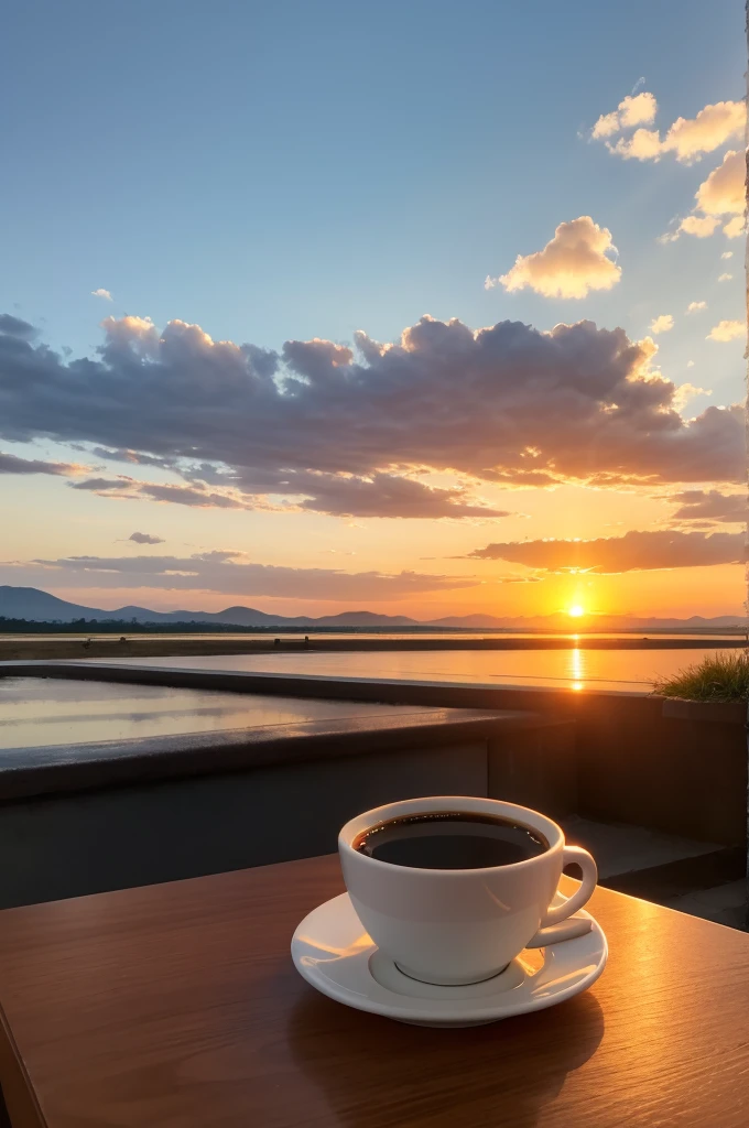 Cup of coffee in the morning among the sunrise