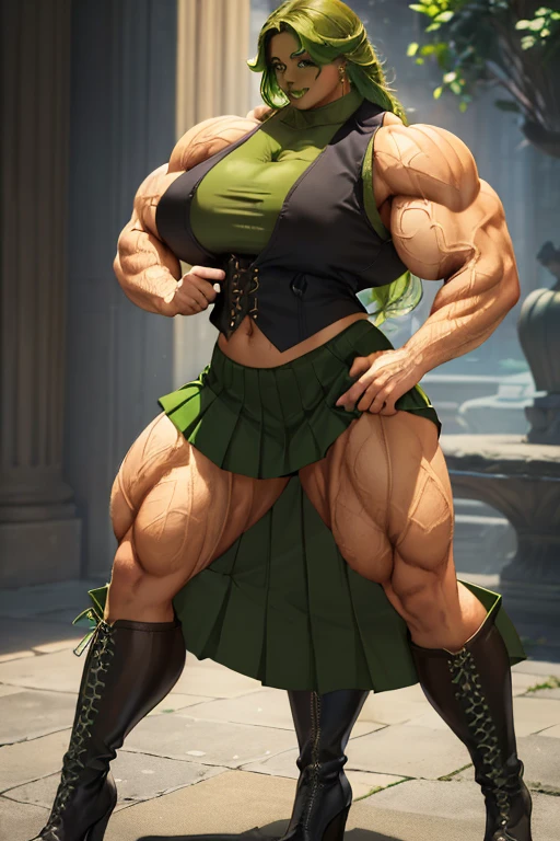 ((((Massive beautiful, buff, bulky, light brown skinned muscular woman with green hair, black lipstick, ginormous bulky muscles and wearing a green shirt and a beautiful royal long pleated skirt with pantyhose)))), (close view), vascular, massive muscle, massive biceps, hyper muscle shoulders, vascular shoulders, hyper muscle triceps, (long curvy hair), orange eyes, fingerless gloves, (((beautiful black vest))), ((royal long pleated skirt)), (high heel boots), sensual smile, (in a jellyfish forest), at evening, Vascular arms, hyper vascular arm, hyper muscles arms, hyper muscle legs, massive arms