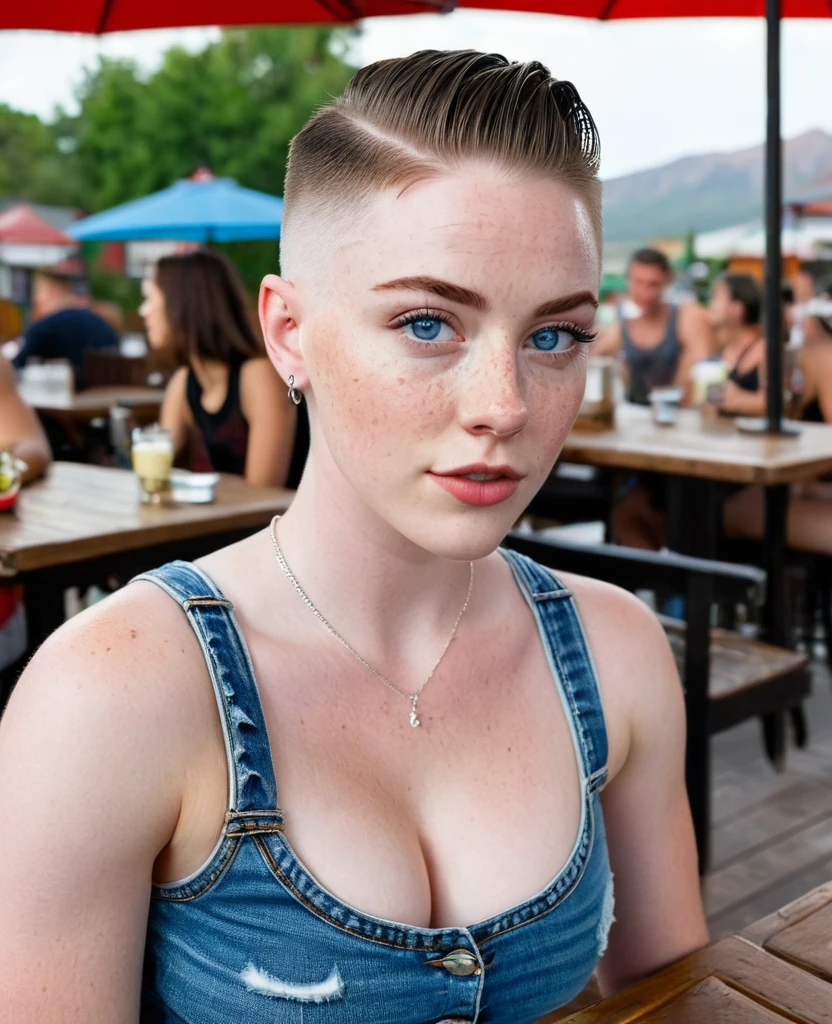 Muscular college girl with large breast and a large butt, blue eyes, pale skin, freckles and a nose piercing with a short slicked back men’s haircut with both sides of her head shaved wearing a tank top and jean shorts at an outdoor restaurant