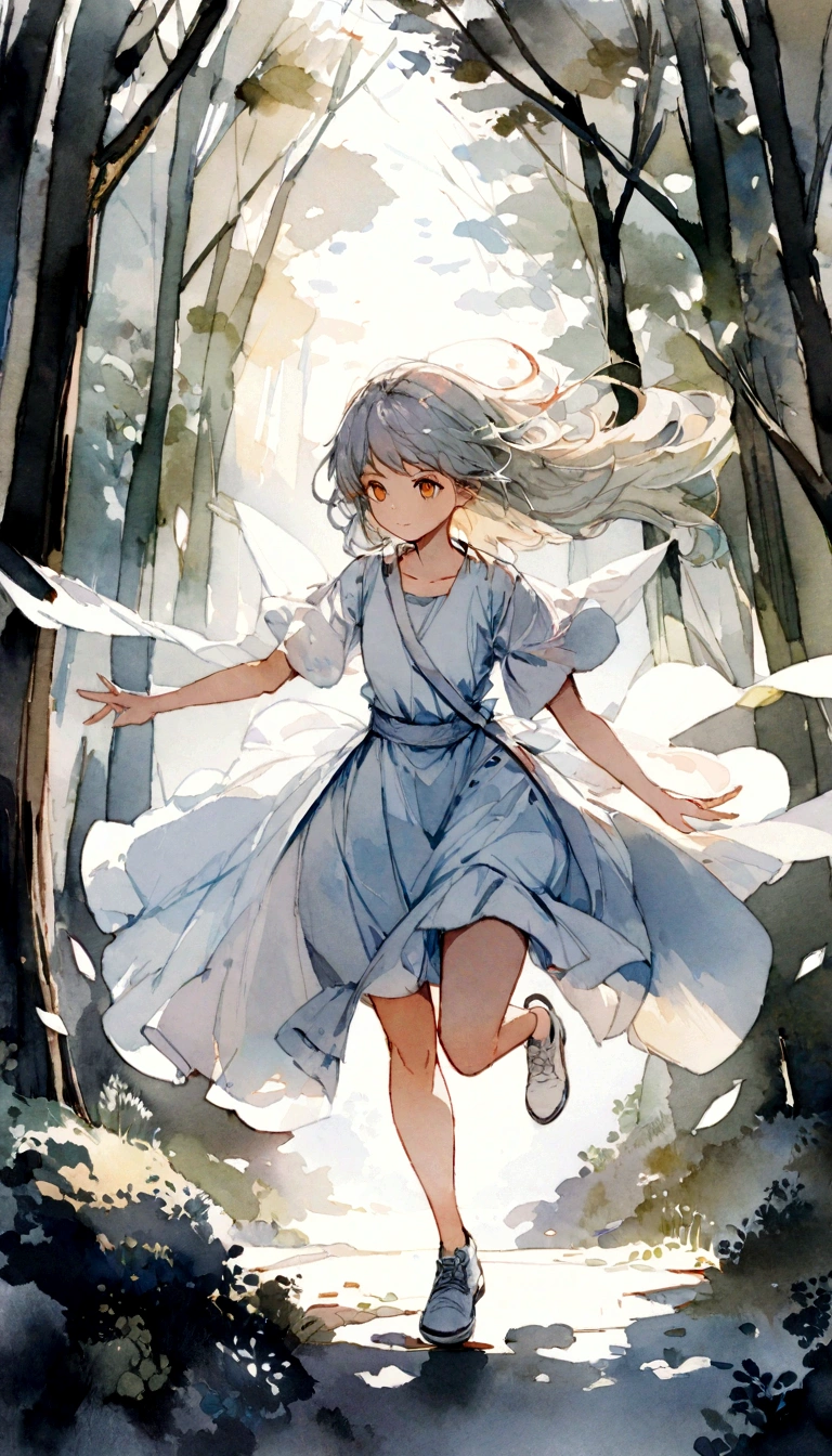 A paiting of a angel with white clothes running through the forest, watercolor painting, high-detail