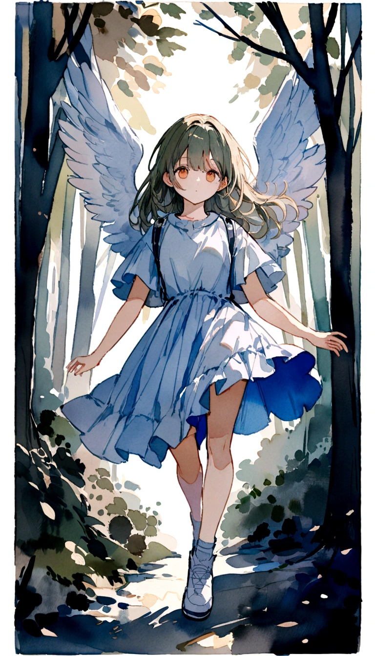 A paiting of a angel with white clothes running through the forest, watercolor painting, high-detail