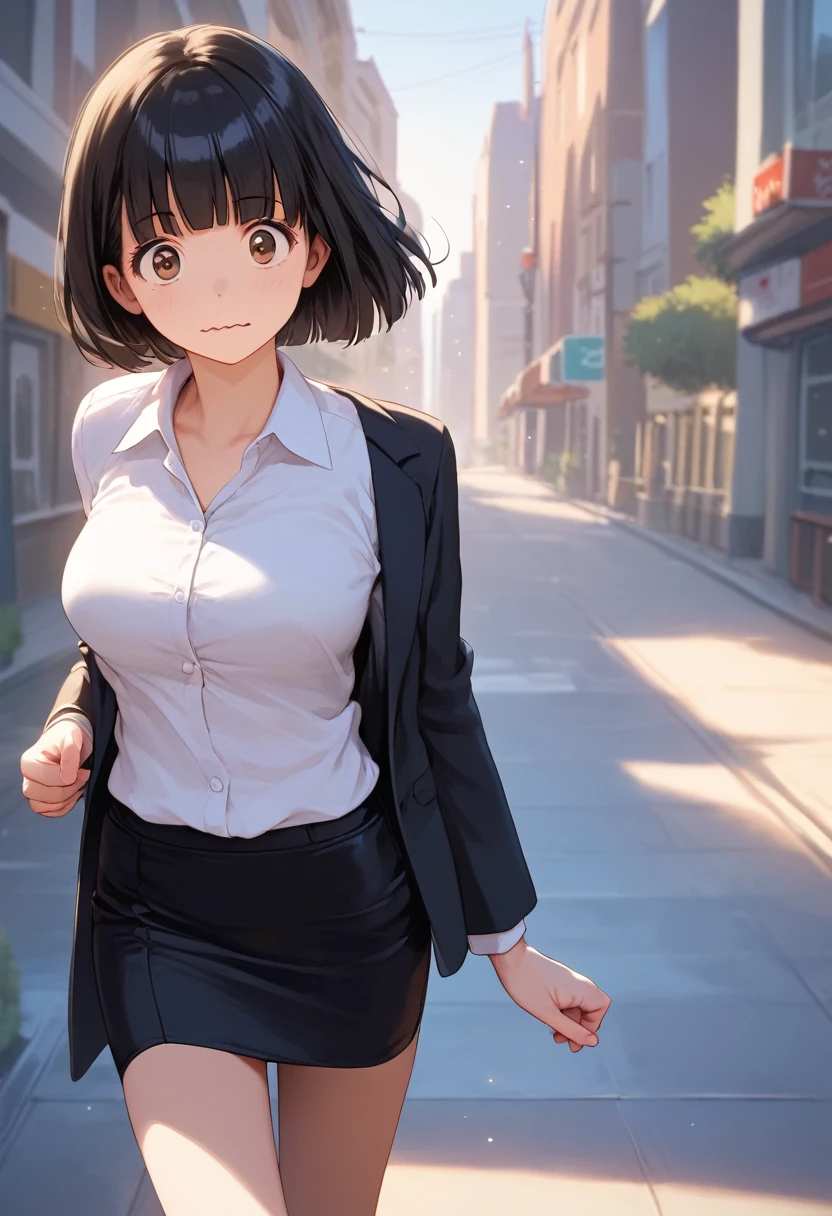 score_9,score_8_up,score_7_up,masterpiece,best quality, source anime, realistic, super detailed, extreme detailed, rating_explicit,
1girl, running, (I'm late), office lady,
BREAK girl, 22yo, short hair, bob cut, (blunt bangs), black hair, (tareme, detailed cute brown eyes), curled eyelashes, (large breasts:0.9),
shiny hair, beautiful detailed eyes, beautiful face,
slender, small ass, slim legs,
white collared shirt, black jacket, black tight mini skirt, pumps,
seriousness, Hurried, surprised eyes, wavy mouth,
city, street, morning,