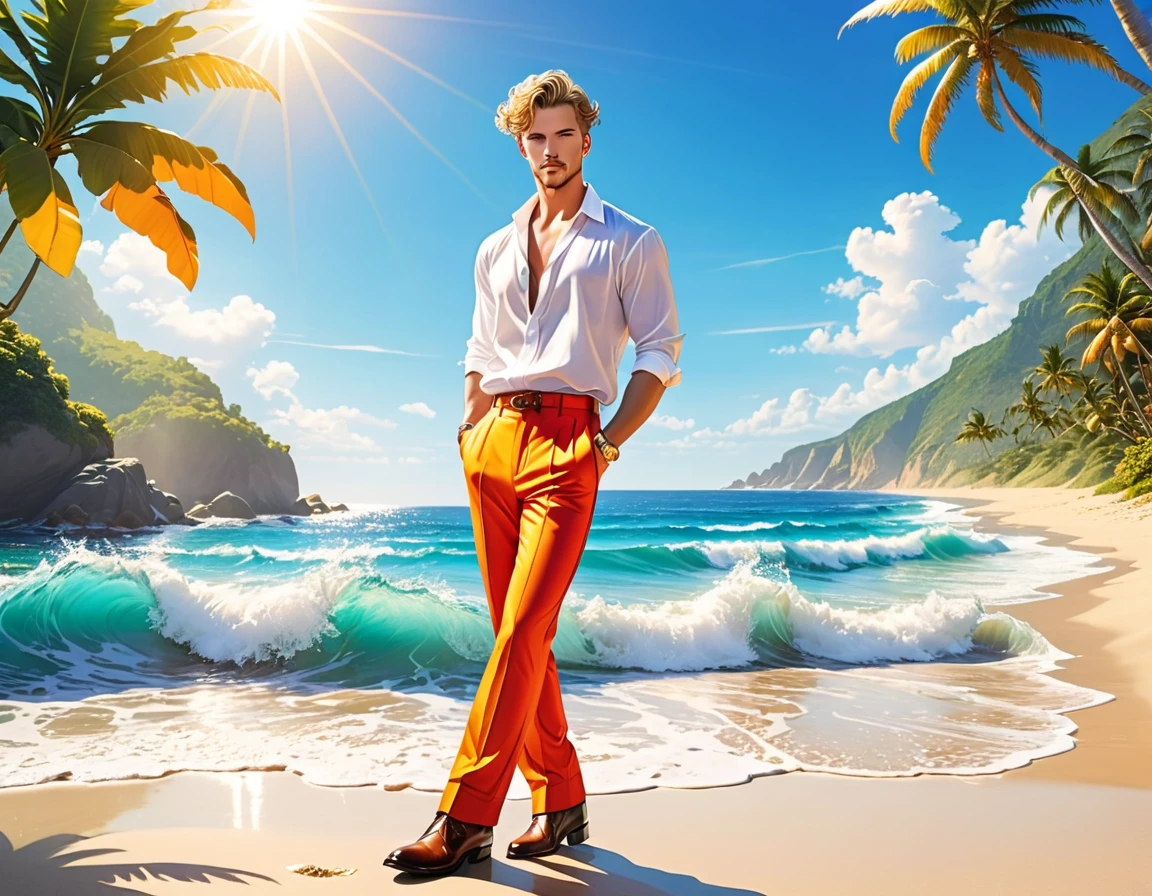 1 Male, Summer, Boots, long pants, beach background, bright sunlight, ocean waves, tropical setting, consistent fashion, aristocratic presence, stylish pose, full-body shot, emphasizing long pants,