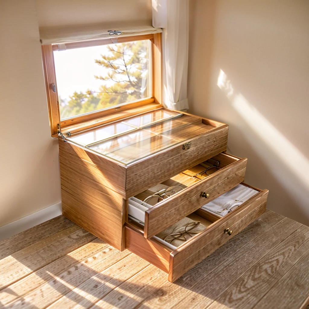 In this cozy room,A ray of sunlight shone through the half-drawn curtains on the table,Let the wood grain on the watch storage box shine with a faint luster。There was a calm and peaceful atmosphere in the air around them。There are several still lifes hanging on the walls of the room,It adds a touch of elegance to the space。And on the other side of the room,The half-open window lets in the breeze,The pages on the small desk by the window turned in the wind,This quiet scene gives a sense of tranquility and comfort。