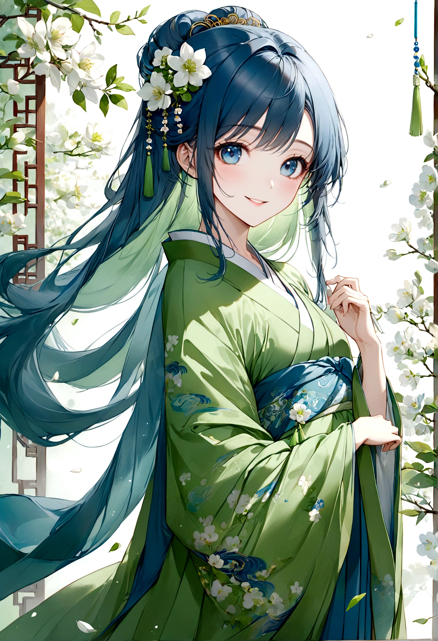 ((Top quality)), ((masterpiece)), ((Ultra Detailed)), (Extremely refined), Beautiful woman, Bright light blue hair, Long hair, Sapphire blue eyes, Traditional Chinese hairstyle, Wearing beautiful Hanfu, Pure green Hanfu, Flowing Shawl, The shawl is pure spring green, sweet smile, Relaxed expression, Fair skin, Delicate white flower background