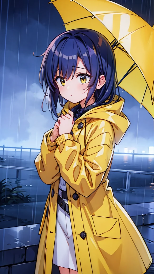A woman standing in a heavy rainstorm, wearing a bright yellow raincoat. The wind is blowing fiercely, and the raincoat flaps in the wind. The background is dark and stormy with heavy rain pouring down, and the woman is slightly hunched, bracing against the strong wind and rain.