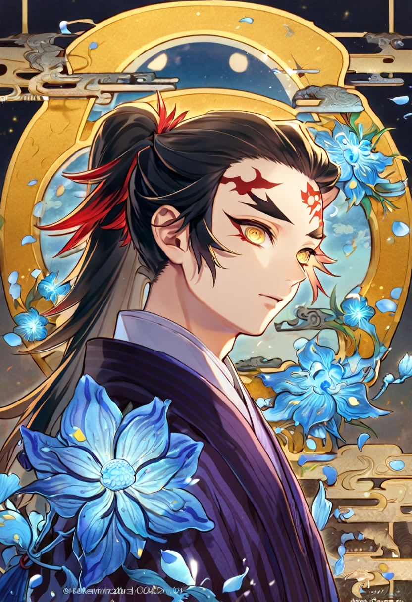 Ultra detailed, highres, absurdres, HDR, master piece, Kokushibu, spiked black hair with red tips tied in a ponytail, expressive yellow eyes, Kimetsu No Yaiba, blue petals, purple kimono, man, solo, best quality, blue flowers, blue shining fireflies, fantasy, magical, handsome, blue moon, red mark on his forehead