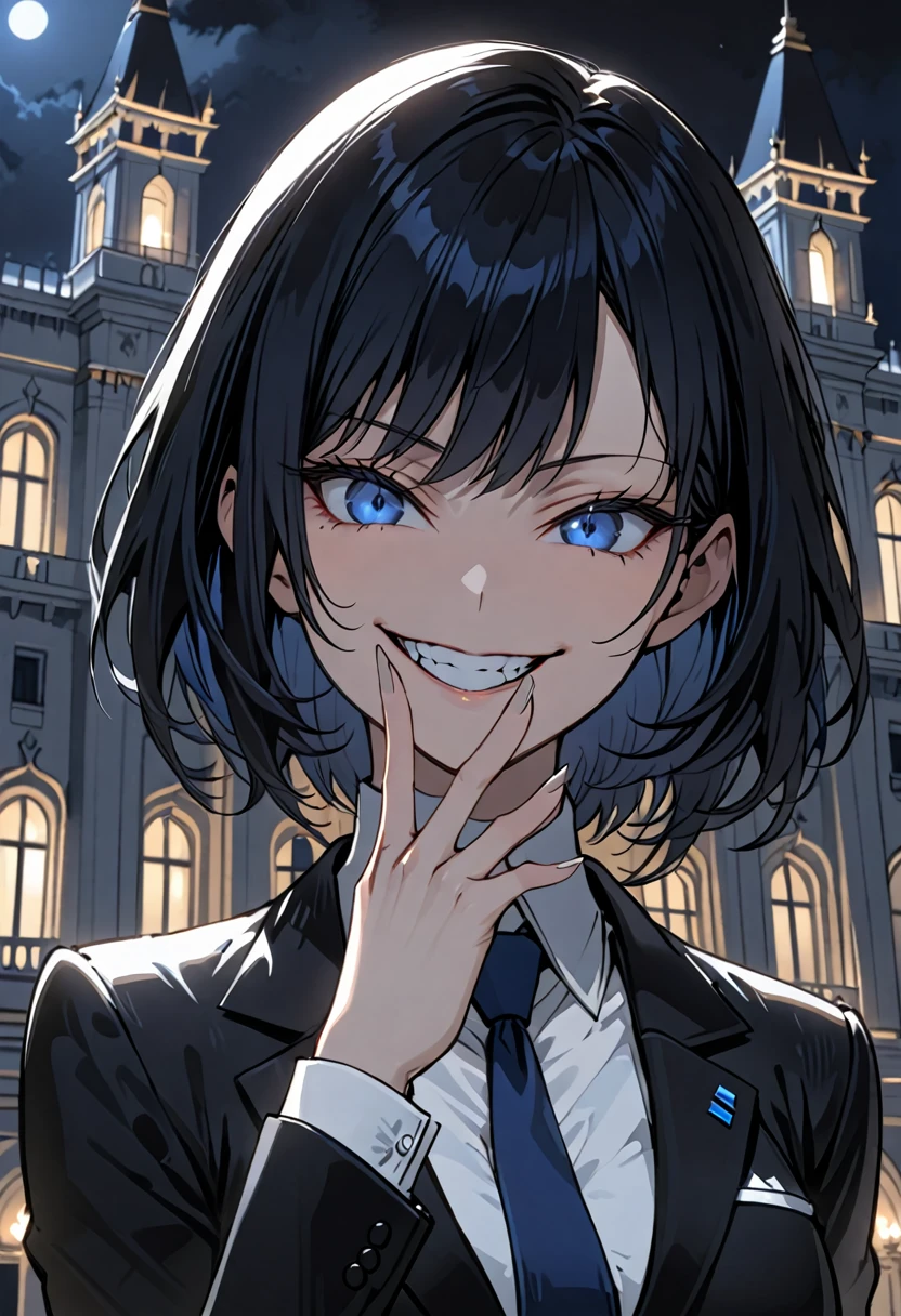 female, solo, close up, black business suit, short hair, black hair, dark blue eyes, night, government palace, steepled fingers, sinister smile, politician, wink, blue tie, white shirt