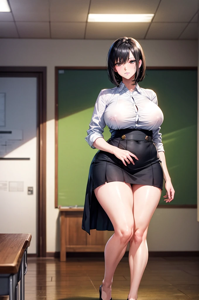 Solo highest quality, masterpiece, Very detailed CG, Highly detailed 8K wallpaper, indoor, classroom, masterpiece, highest quality, extreme details, Plump anime style, sharp focus, intricate details, 1 girl, huge breasts, High resolution, white school shirt, navy blue skirt, 8k, Tomboy, black hair, brown eyes, woman, Fair skin, sensual, short black hair, high high school girl, Are standing, hourglass illustration, cool face, short hair, sharp and cool face, calm expression, Fair skin, quite tall, full body shot, high school girl, white shirt, brown eyes, huge breasts 1.8,big butt,big waist,plump legs,plump calves, plus size, Erotic manga taste, mature woman, mature womanセーラー,