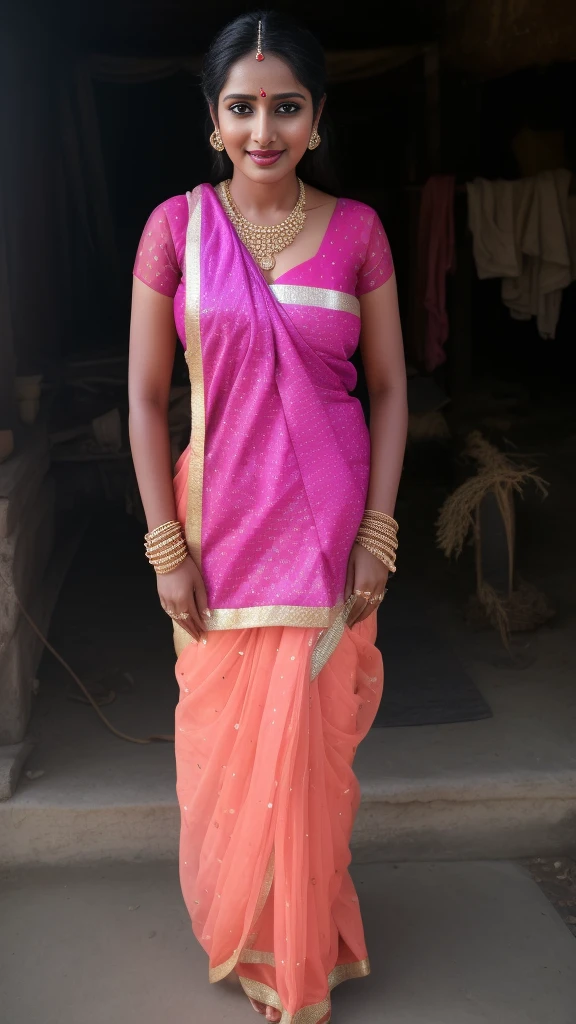 RAW photo, face portrait photo of beautiful 26 y.o woman, cute face, wearing black white sari, happy face, hard shadows, cinematic shot, dramatic lightin, big , long hair, dramatic background, dark pink lips, sexy figure