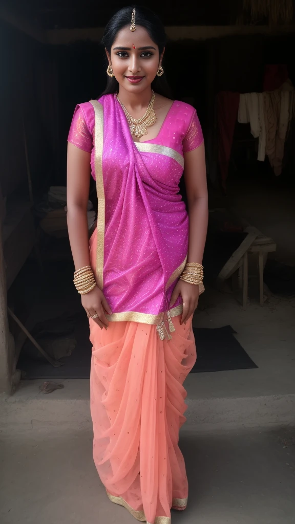 RAW photo, face portrait photo of beautiful 26 y.o woman, cute face, wearing black white sari, happy face, hard shadows, cinematic shot, dramatic lightin, big , long hair, dramatic background, dark pink lips, sexy figure