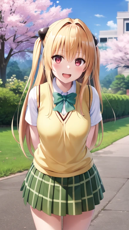 masterpiece, best quality, highres, aayami, very long hair, two side up, hair ornament, , green bowtie, white shirt, sweater vest, yellow vest, short sleeves, plaid skirt, green skirt, standing, cowboy shot, leaning forward, arms behind back, outdoors, cherry blossoms, smile, open mouth,