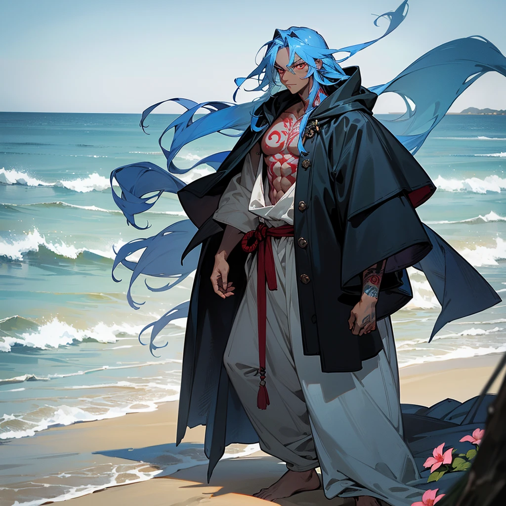 1male, adult, dark skin, finely detailed red eyes, wild long hair, pale blue hair color, loose baggy pirate clothing, oversized hood, standing on coast, day time, beach, somber expression, muscular, flowers, tattoos