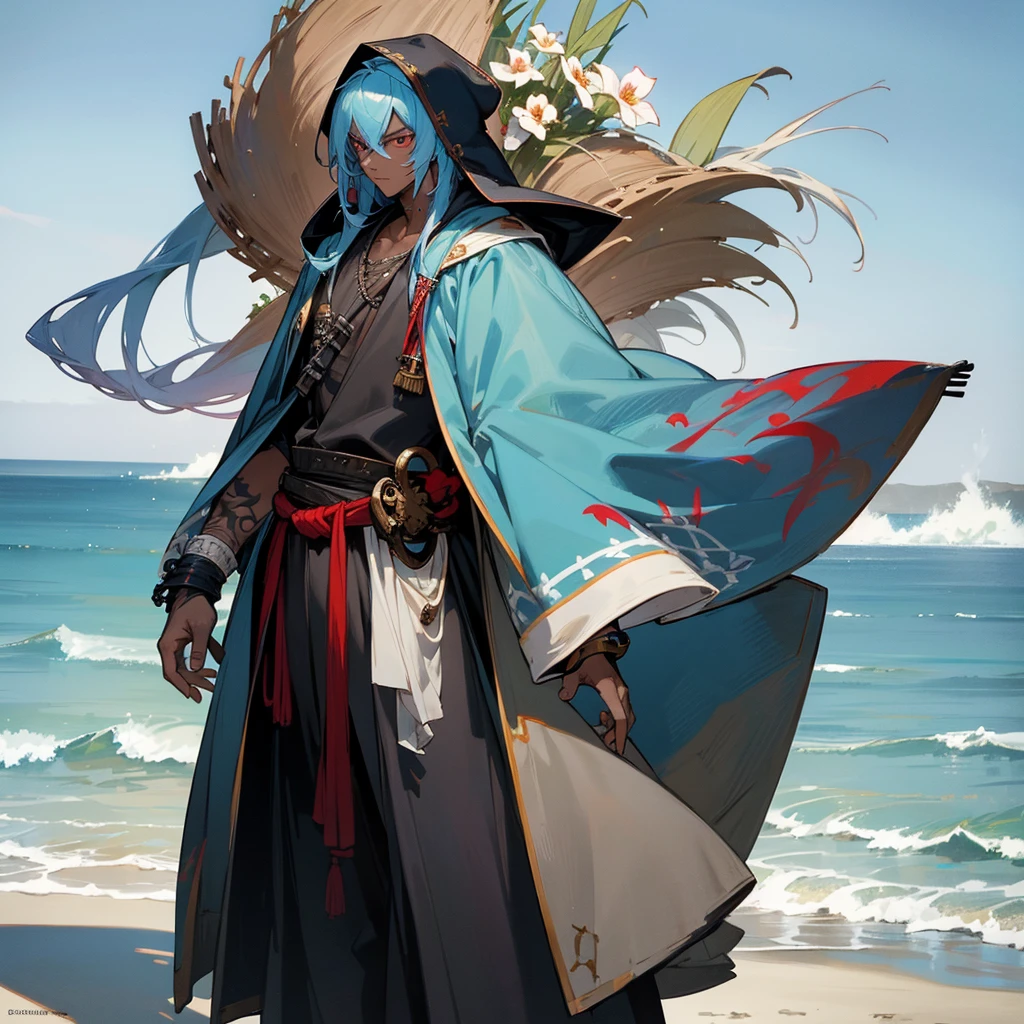 1male, young adult, dark skin, finely detailed red eyes, wild long hair, pale blue hair color, loose baggy pirate clothing, oversized hood, standing on coast, day time, beach, somber expression, muscular, flowers, tattoos