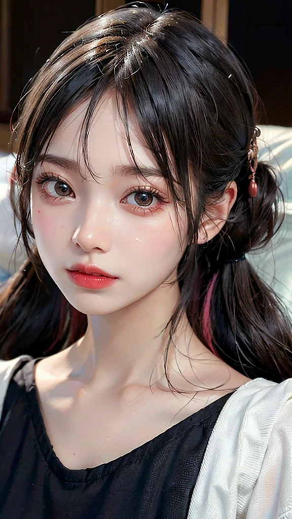 (Highest quality, masterpiece:1.3), ((Beautifully detailed face)), beautifully detailed skin, Intricate details, Very detailed, Best image quality in 8K, (18-year-old girl),Japanese Girls,Baby Face,(Detailed Hair,Twin tails:1.4,Black Hair),Detailed lips,Open your mouth,(bed),blush,Embarrassing,Realistic Face,Realistic Skin,(sexy:2.0,Clothes are disheveled),(Vibrant Skin,Moisturized Skin:1.2),Vivid lips,Lip gloss