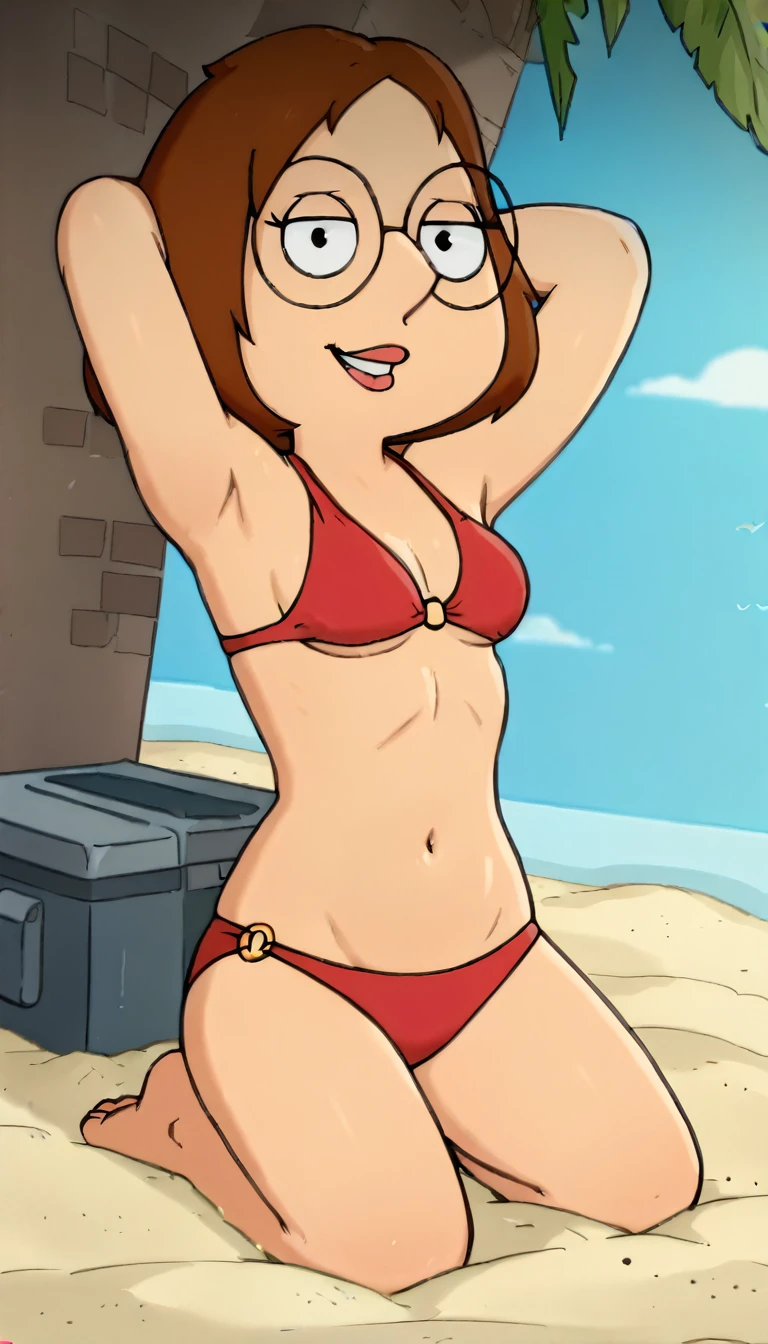  meg, (((1girl, solo, alone, short brown hair, glasses))), shortstack, flat color, looking at viewer, smile, parted lips,

(((   red bikini    ,kneeling, hands behind head   ))),

sexy pose, dynamic pose, dynamic angle, cowboy shot,

outdoor, beach, day,