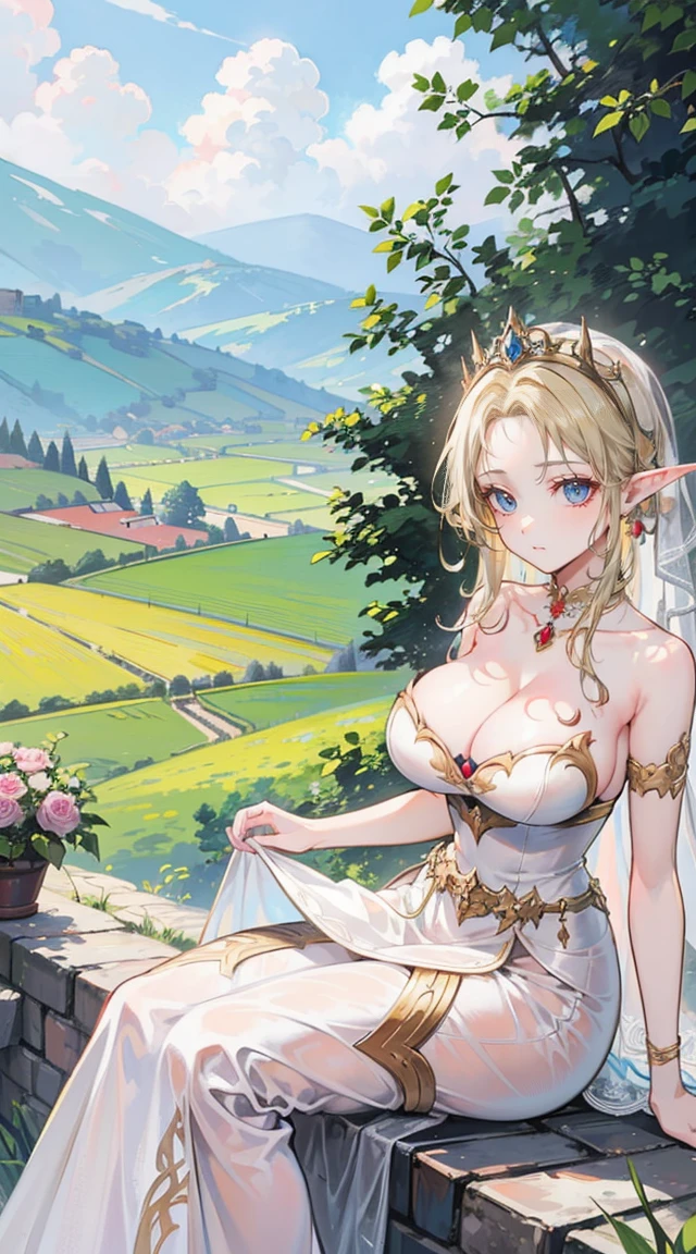 beautiful woman，Folk Girl，blonde with blue eyes，Twist，Wear a strapless wedding dress with no straps.，countryside，countryside，beautiful scenery，European Middle Ages，smile with teeth，forehead，forehead exposed，big tits，rift, (Elf Princess),(2 young women ,beautiful woman)