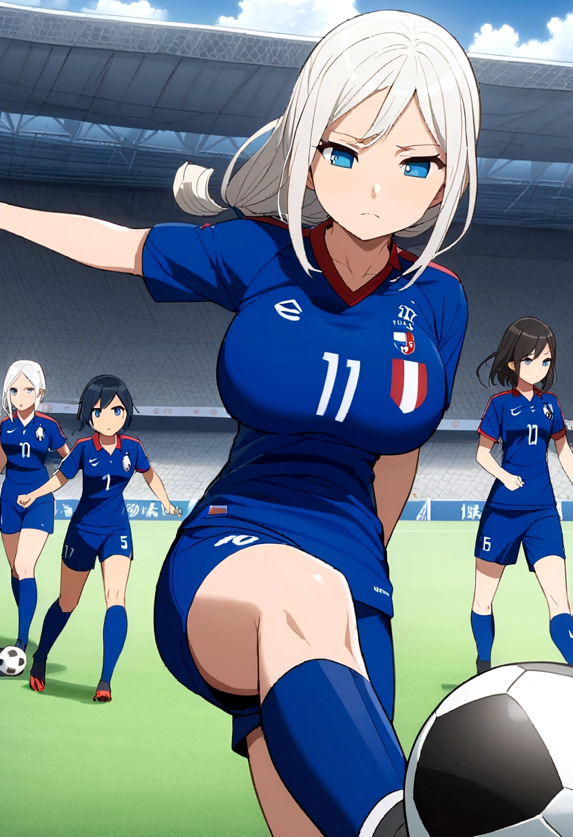 (anime,2D),Women,soccer player,clear skin,thin face ,blue eyes,black hair,wide,fringe,white hair strands,standard height,collected in a queue,big breasts,small waist,long legs,France national team uniform,In a soccer field,kicking the ball.