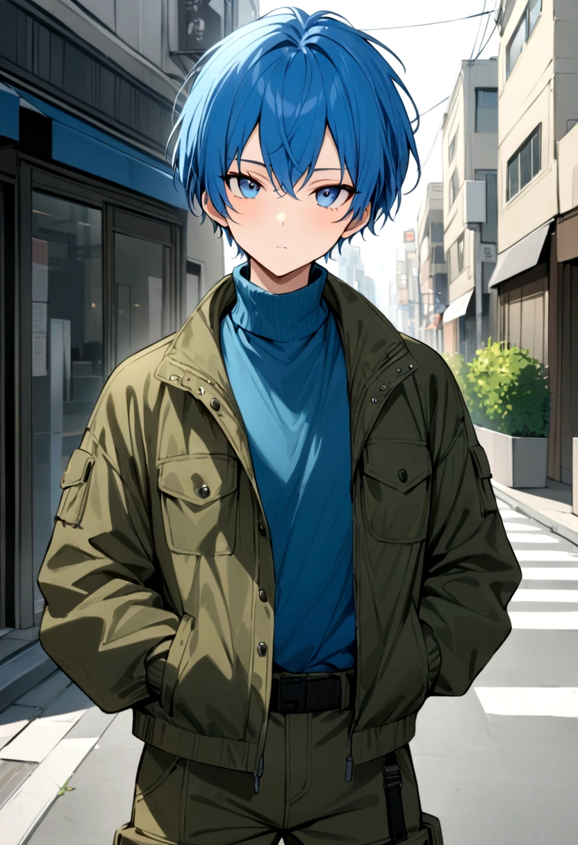 (masterpiece, best quality:1.2), White background、black、turtleneck、Blue clothes、Blue Hair、blue eyes、whole body、White background、male、Short Hair、Front facing、Street fashion、Jacket、cargo pants
