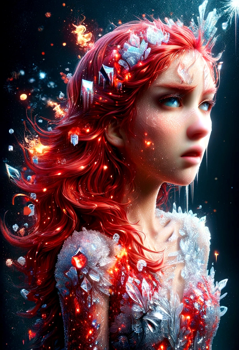 sparklecore, sparkle, depth of field, 1girl, long dress, asymmetrical hair, red hair, sparklecore makeup, sparklecore eyes, sparklecore tears, crying,