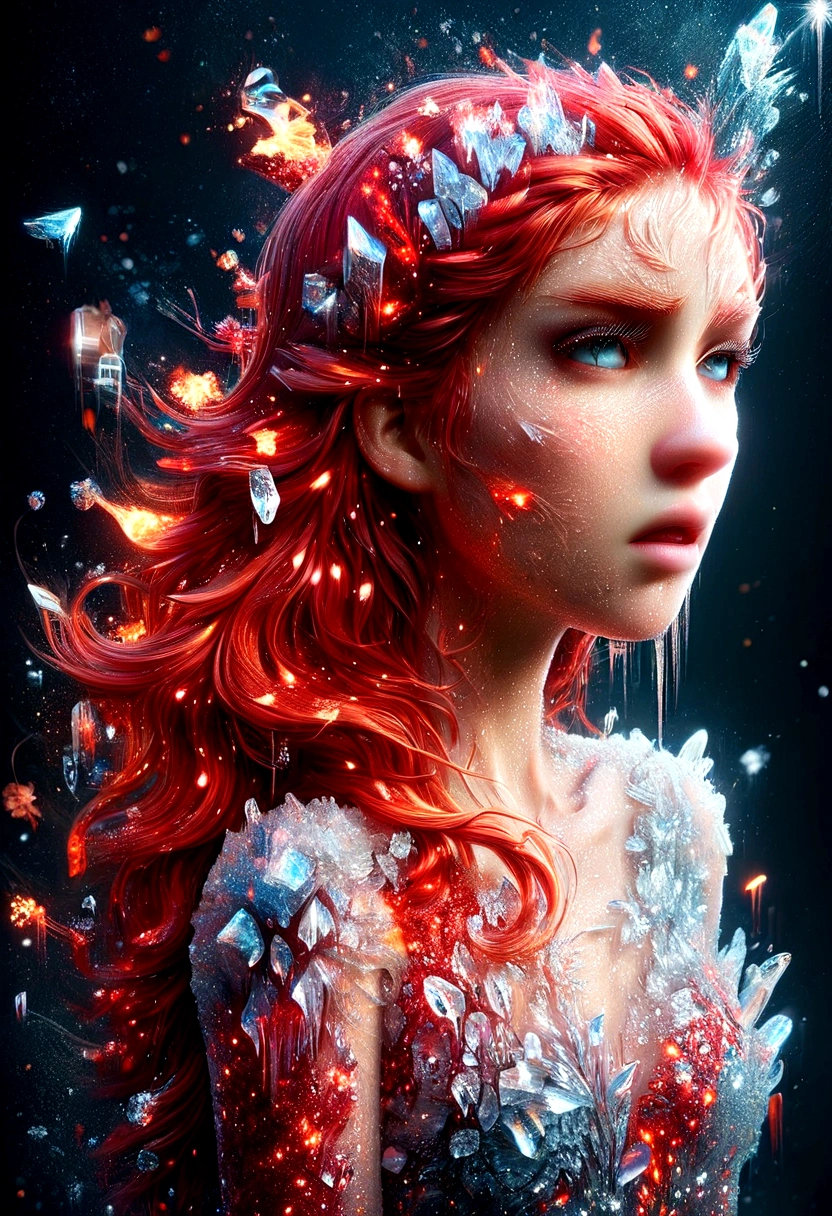 sparklecore, sparkle, depth of field, 1girl, long dress, asymmetrical hair, red hair, sparklecore makeup, sparklecore eyes, sparklecore tears, crying,