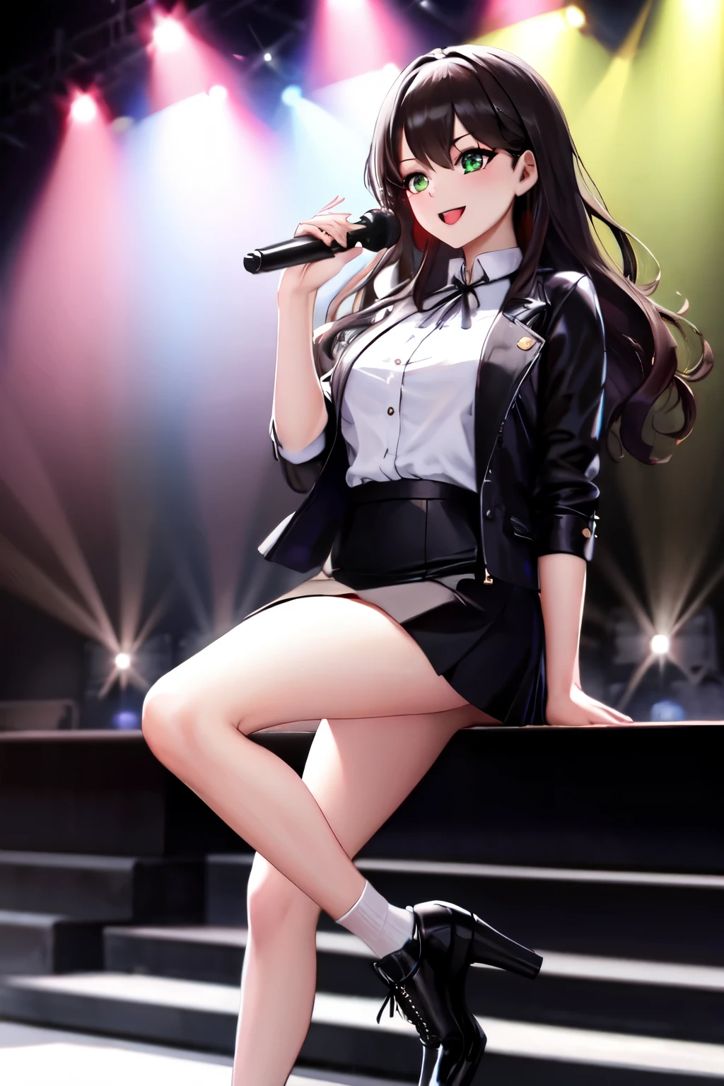 ((best quality)), ((masterpiece)), (detailed), 1 woman, Dark brown long wavy hair , bright green eyes , bright smile , bright and clear skin , school festival , band vocals , a gorgeous stage , white blouse , black jacket , Black short skirt , heeled shoes