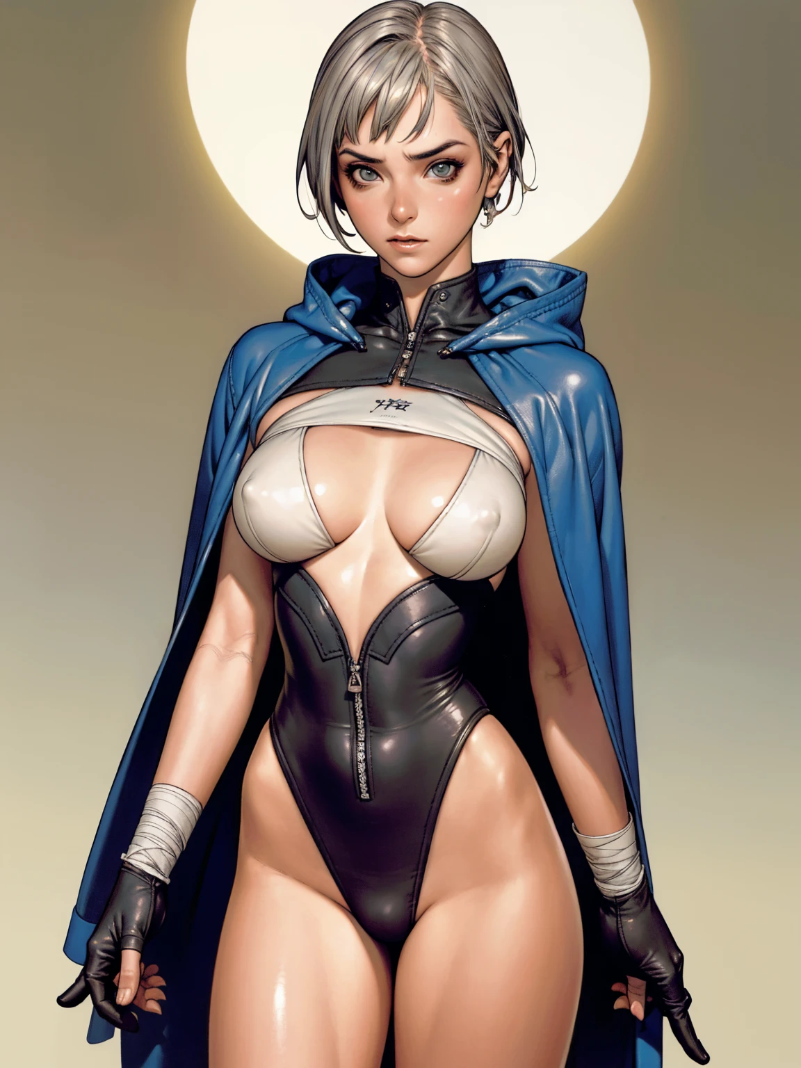 (((Annie Lennox))), (((Dark blue))), (scars), (((Bandaged body))), ((hooded cloak)), (((Quorra))), (((best qualityer: 1.4))), (Unbeatable masterpiece), (hiper HD),(CG 8k hyper-realistic), (((brave face))), (((breasts big))), (((hyper feminine))), sexly girl, Tron,(black bob hair)), ((( sculptural body ))), (((1 Kizi))), Kizi cibernética de 25 anos com perfectbody,,Beautiful and well-groomed face,muscular body:1.2,solid color detailed jacket, (Head to thigh photos), Complex equipment, green dark,long pants,Tight clothes are dark,With white stars and off-white stripes,,,,,Armor Metal Electronic Parts, Poison tattoos ) INFO, Kizi, (((standing alone))), pirralha violent, ((())), sexly, pose de atitude, work of art, post-apocalypse, (((manga style))), bounty hunter, violent, Manic, the way you want, slenderbody, thin but strong, perfectbody, roupa moderna, advanced technology, neon, sleeves with vertical striped pattern, neutral background, (( cowboy shot )). intricate visual