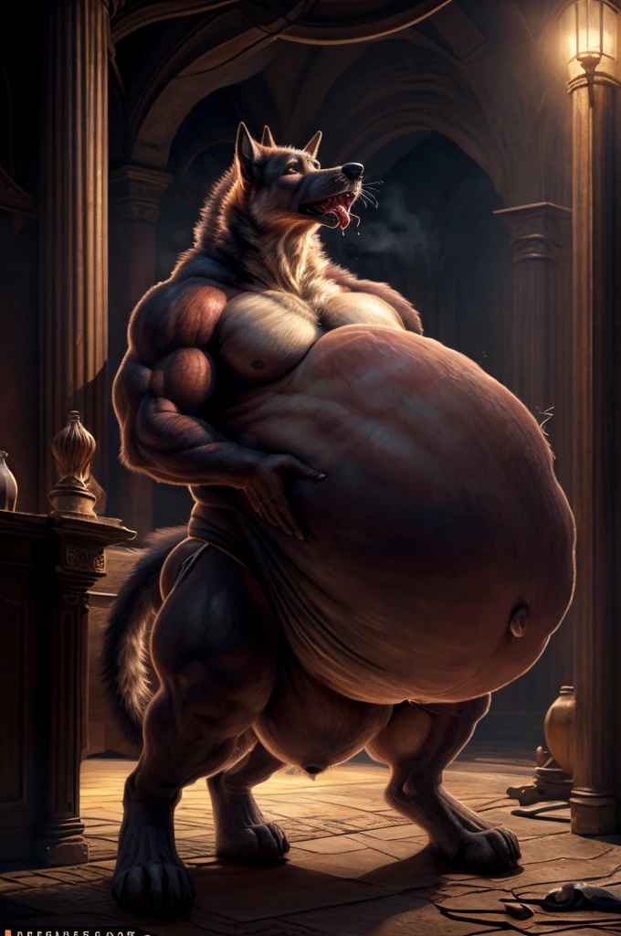 a solo muscular male canine, stomach massively distended from having swallowed prey whole, loud belch, gargantuan bulging gut, hyper endowment bulge, hyper realistic, cinematic lighting, highly detailed, (best quality,4k,8k,highres,masterpiece:1.2),ultra-detailed,(realistic,photorealistic,photo-realistic:1.37)