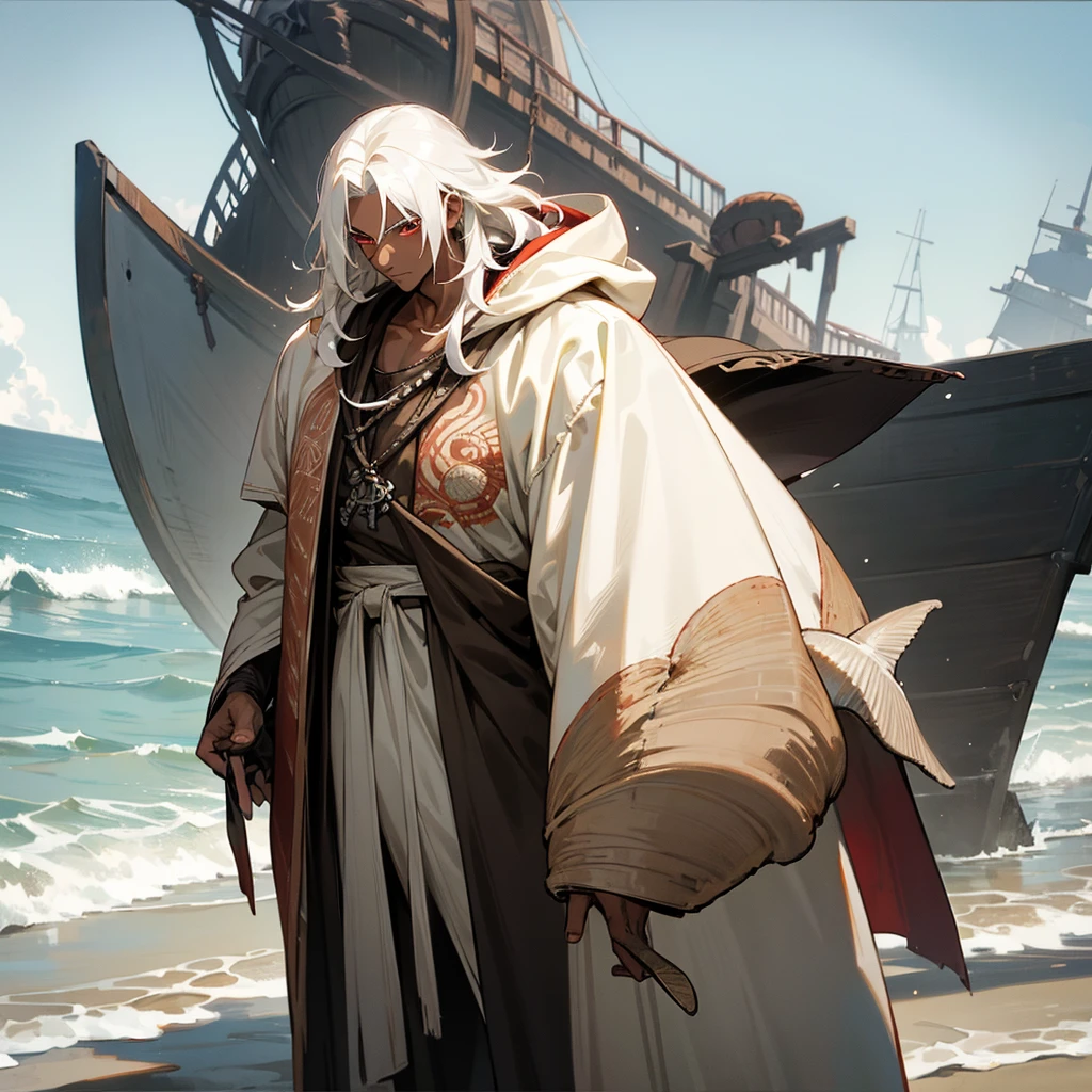 1male, adult, dark skin, finely detailed red eyes, wild medium hair, seashell white hair color, baggy pirate clothing, oversized hood, standing on coast, day time, beach, somber expression, muscular, flowers, tattoos