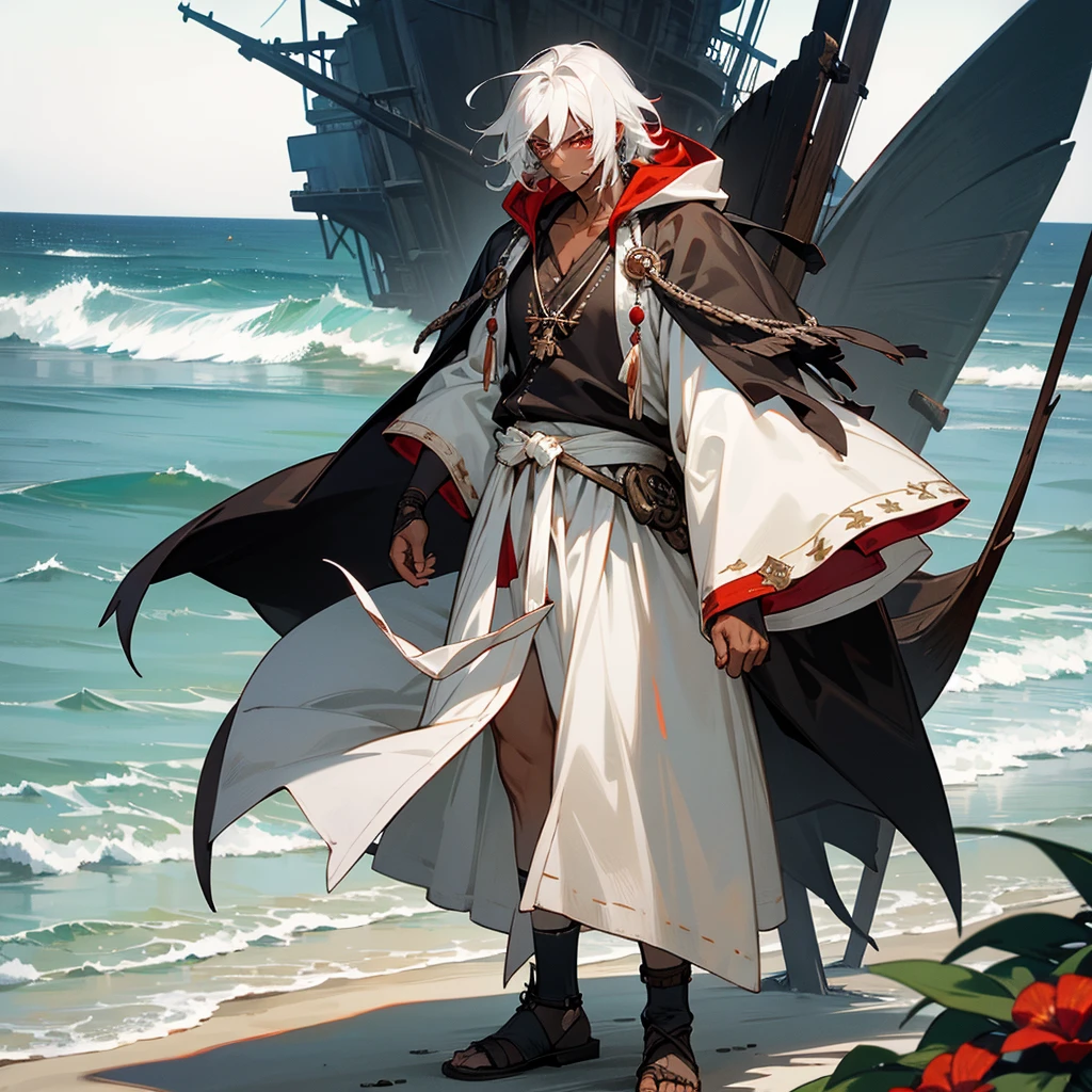1male, young adult, dark skin, finely detailed red eyes, wild medium hair, seashell white hair color, baggy pirate clothing, oversized hood, standing on coast, day time, beach, somber expression, muscular, flowers, tattoos