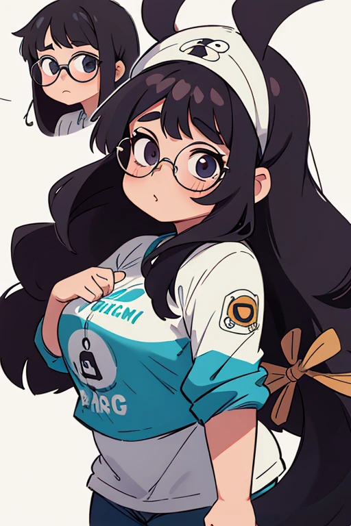 A white girl, gorda, with fat, wearing glasses, with long straight hair, Bblack hair, fringe, com olhos castanhos, short, 