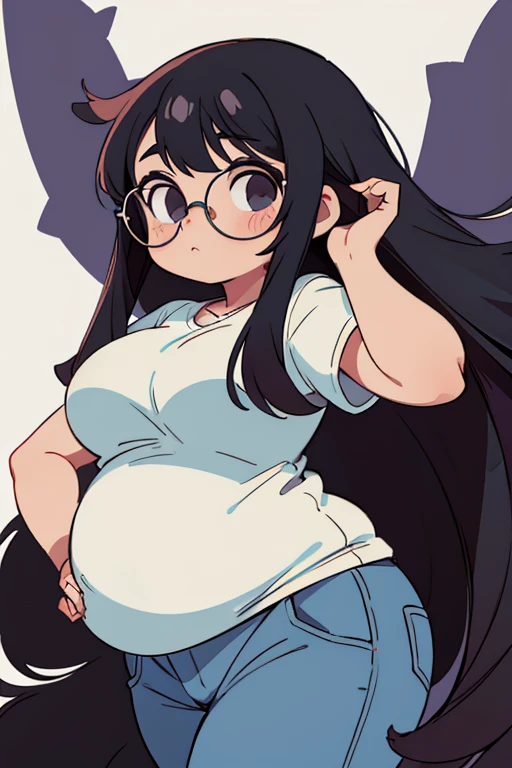 A white girl, gorda, with fat, wearing glasses, with long straight hair, Bblack hair, fringe, com olhos castanhos, short, 