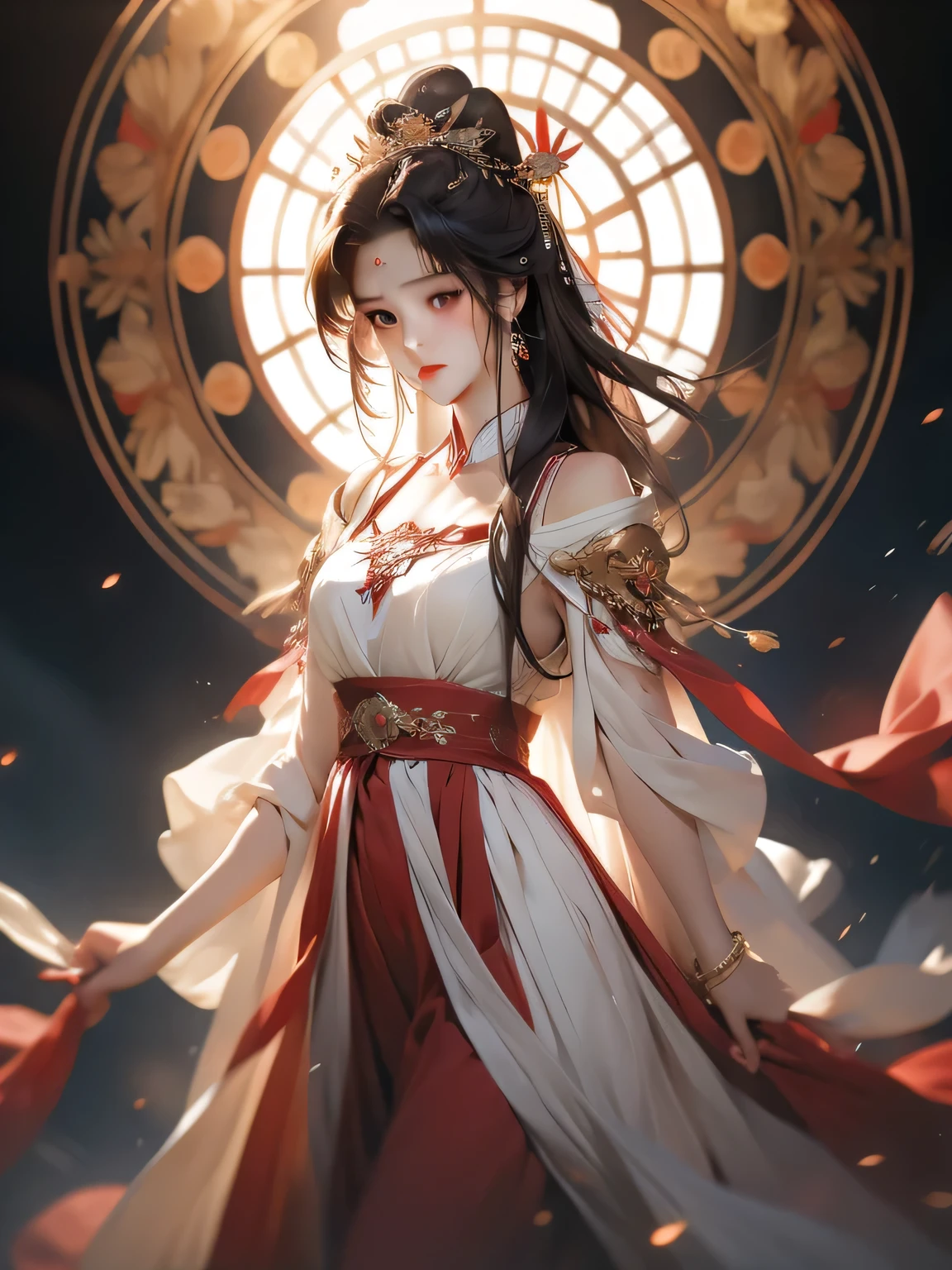A woman in a white and red dress standing in front of a large window ...