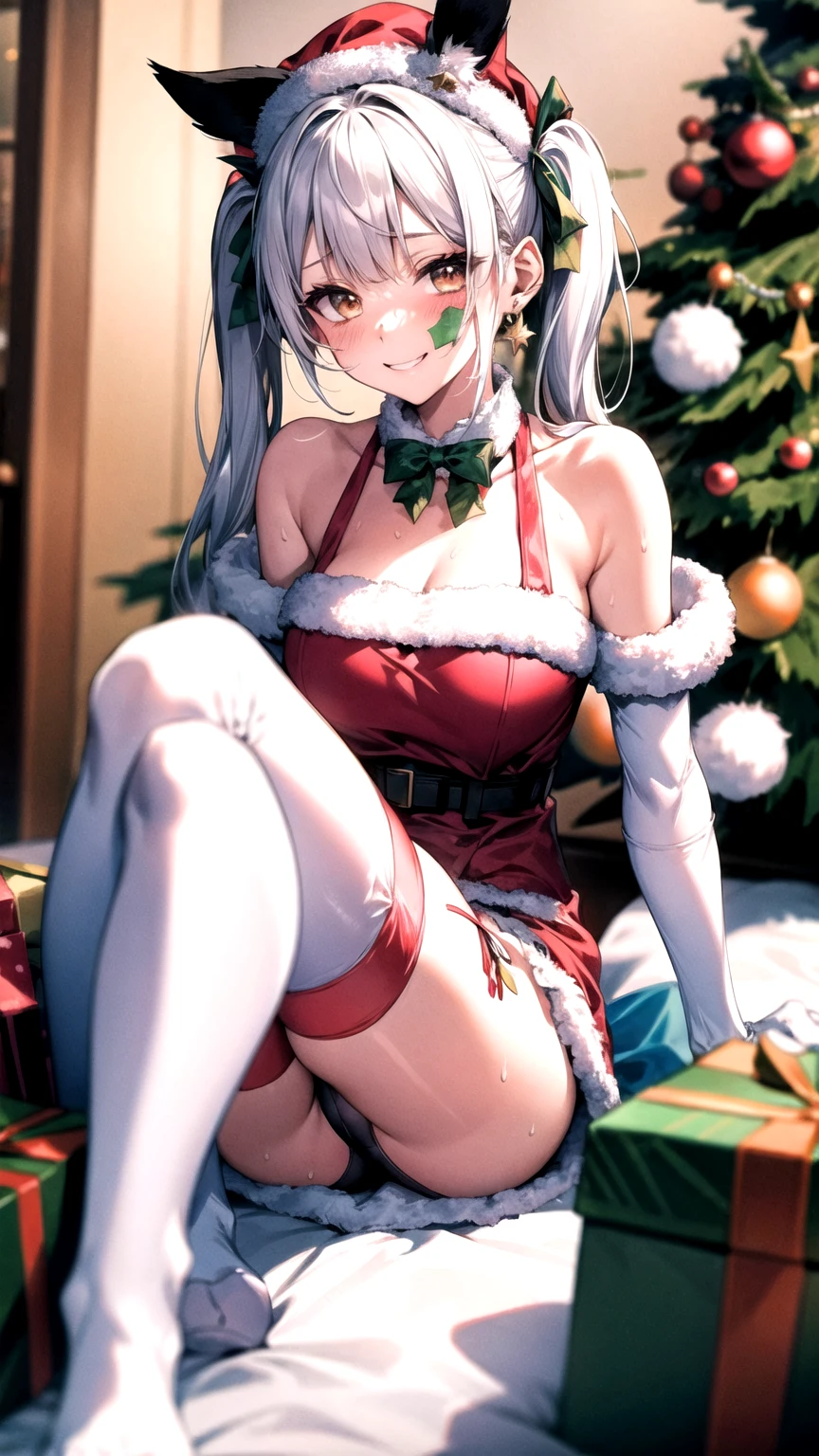 outfit-Christmas detective, Animal ears,White Hair, alone, tail,twintails,Spread the word_foot, Christmas tree, gift,blue legwear,Christmas, blush, fake Animal ears, Earrings, smile, Sitting, Bangs Knee-high socks、garter belt、Long gloves、Showing off your crotch、footを開いている、Costumes with shoulders out、Sweaty、blush