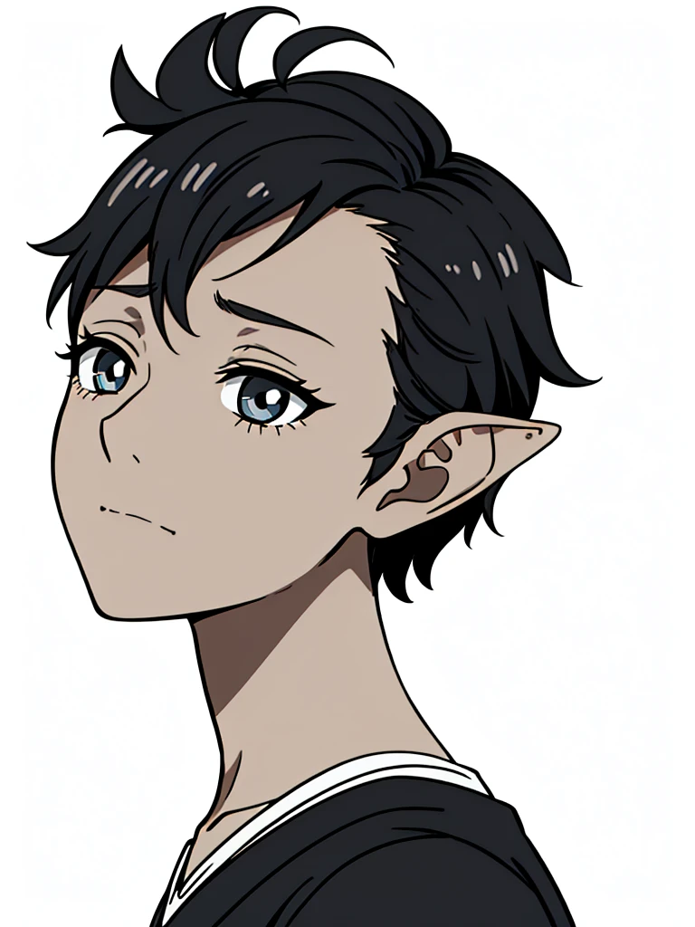 (1boy,8 ,solo,kid),((dark skin)),short hair,(black hair),elf ears,,portrait,from side,sad,(white background,line drawing)