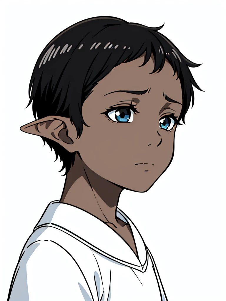 (1boy,8 years old,solo,???),((dark skin)),short hair,(black hair),elf ears,,portrait,from side,sad,(white background,line drawing)
