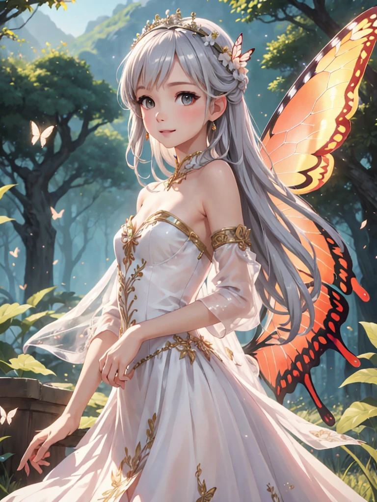 (masterpiece, top quality), intricate details, realistic background, 1 girl, hair ornament, white and black dress, strapless dress, crystals, removable sleeves, fairy dress, silver hair, long hair, flower crown, white wings, shining wings, jewelry accessories, look at the viewer, 10 years old, young, , smile, happy, bright, twinkling flash, night forest, butterfly wings, small wings, dress up with jewelry