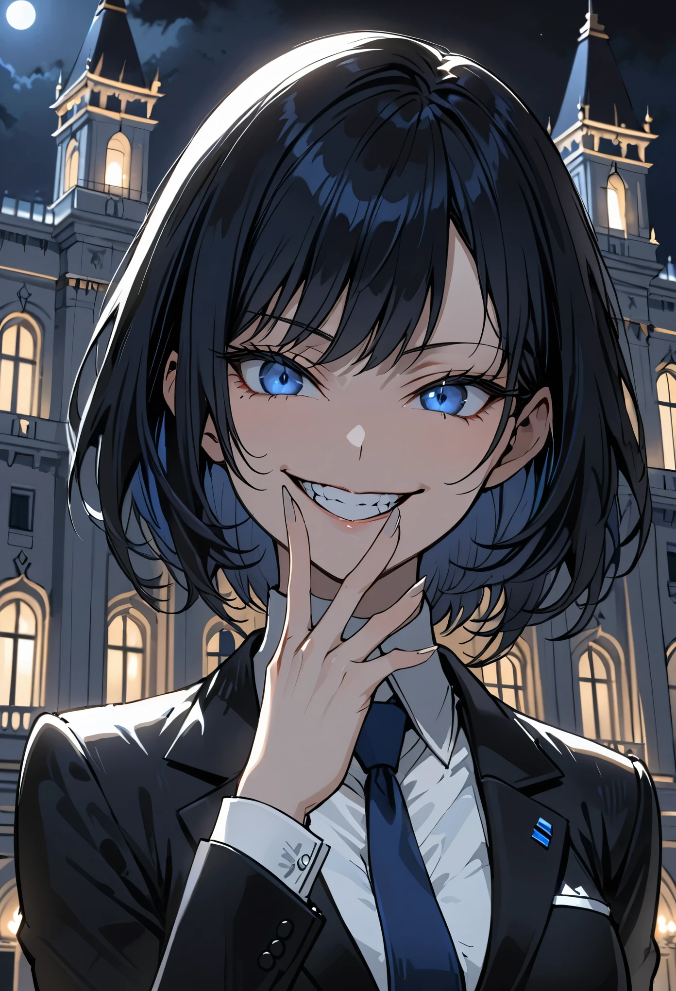 female, solo, close up, black business suit, short hair, black hair, dark blue eyes, night, government palace, steepled fingers, sinister smile, politician, wink, blue tie, white shirt