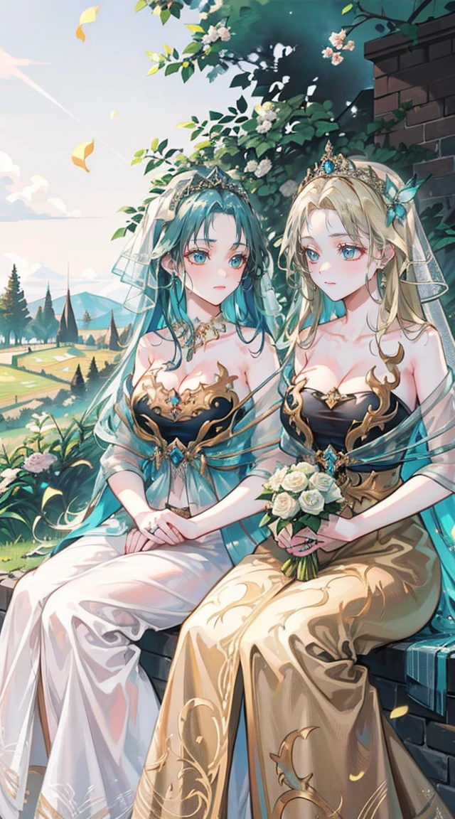 beautiful woman，Folk Girl，blonde with blue eyes，Twist，Wear a strapless wedding dress with no straps.，countryside，countryside，beautiful scenery，European Middle Ages，smile with teeth，forehead，forehead exposed，big tits，rift, (2 young women ,beautiful woman)