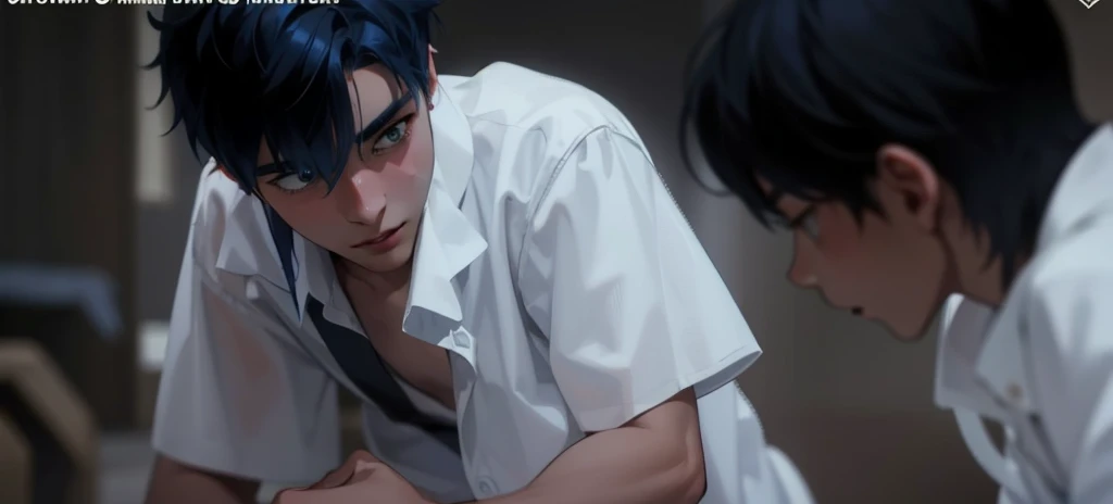 two young 16 year old men with blue hair look into each other's eyes