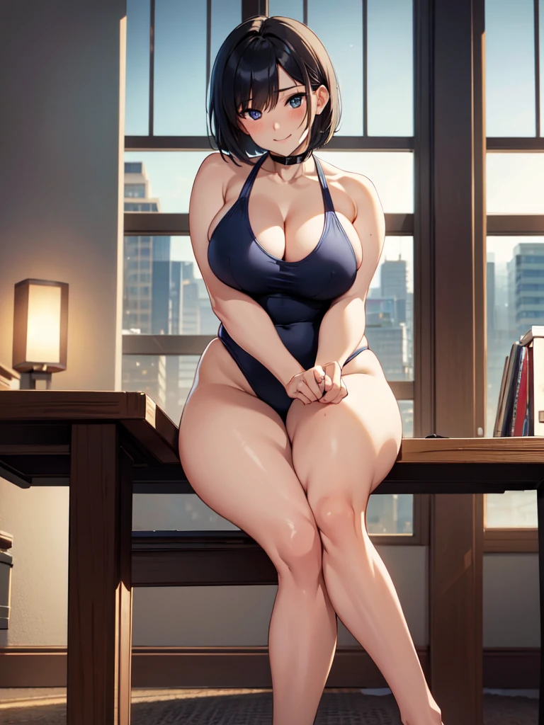 masterpiece, best quality, high definition images, atmospheric perspective, expressive eyes, perfect face, ultra detailed, solo, 1mature seductive woman sitting down in a carelessly sprawled on desk, alluring pose, black short bob hair, navy competition swimsuit, spread legs, curvy, thighs, calm smile, in study room,