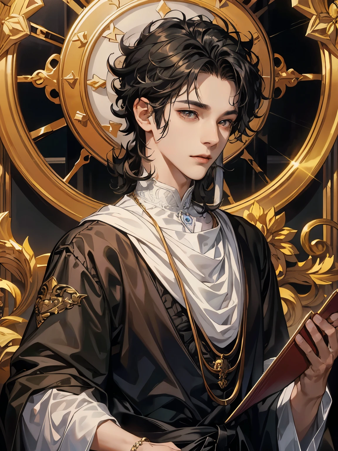 absurd, high resolution, Extremely detailed, Human Development Report), masterpiece, best quality, 1 boy, Solitary, 17 years, Handsome, Black messy curly hair, Golden eyes and delicate face, ((Wear black)), (White skin), Upper Body, Laugh playfully, Right Angle, Wear a silver necklace,
